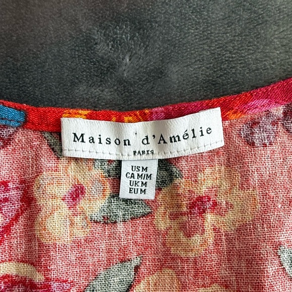 Anthropologie Maison d'Amelie Linen Blend Floral Tie-Front Blouse Size M Red EUC - Picture 6 of 10